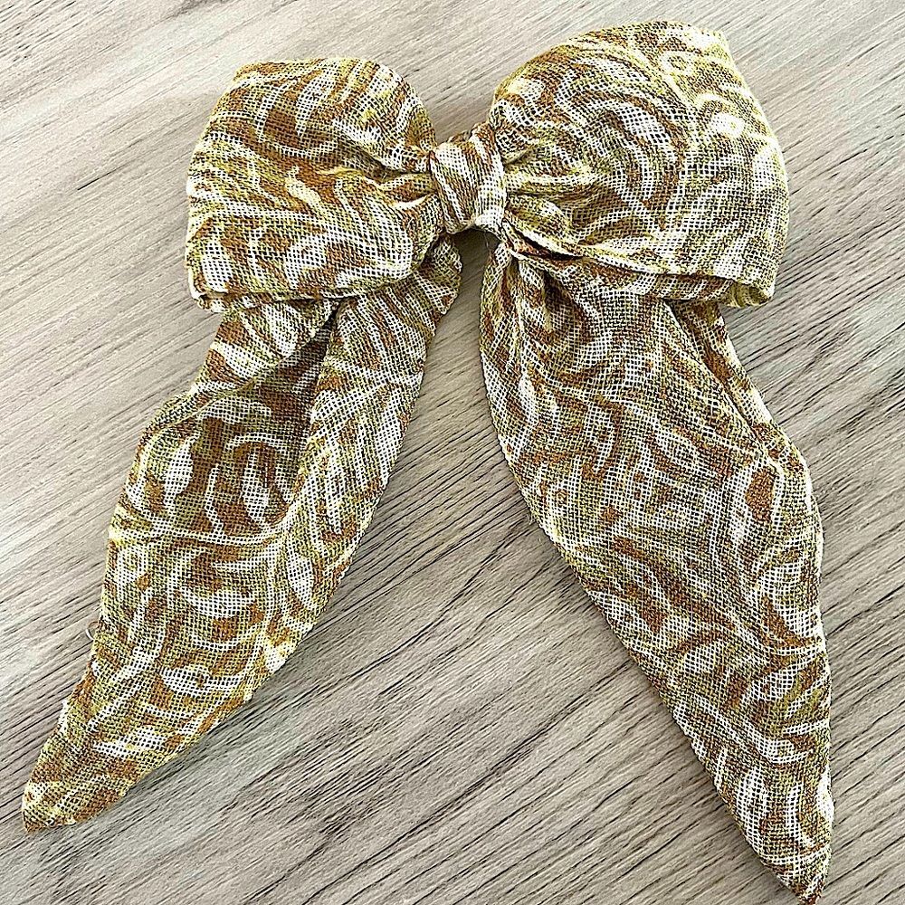 NEW Green Leaf Print Fabric Bow French Hair Barrette